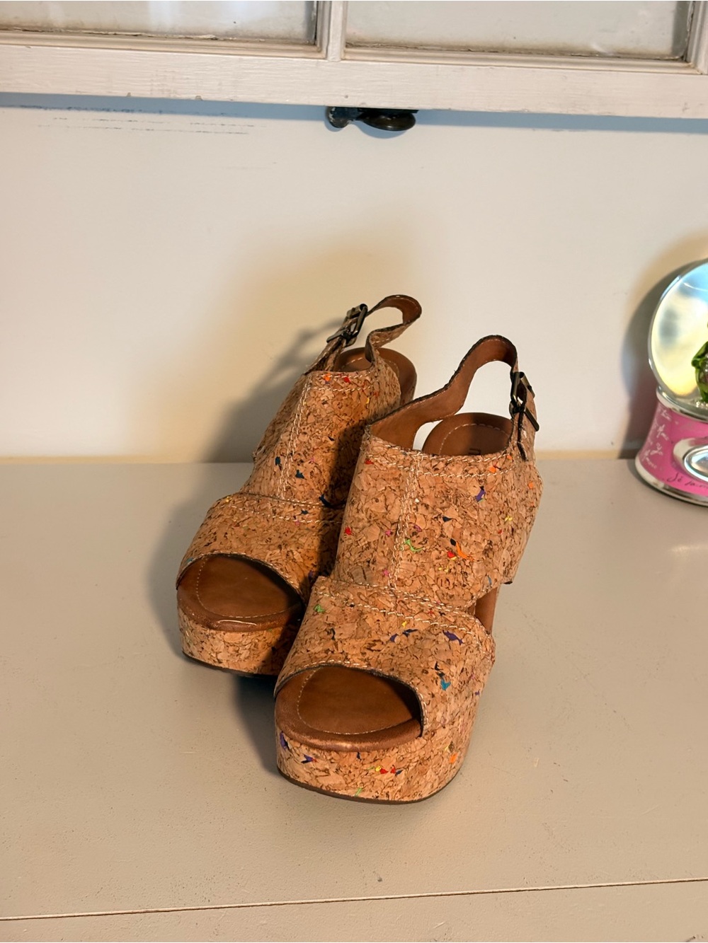 Nicole Cork Platform Wedge Sandals with Multicolor Flecks